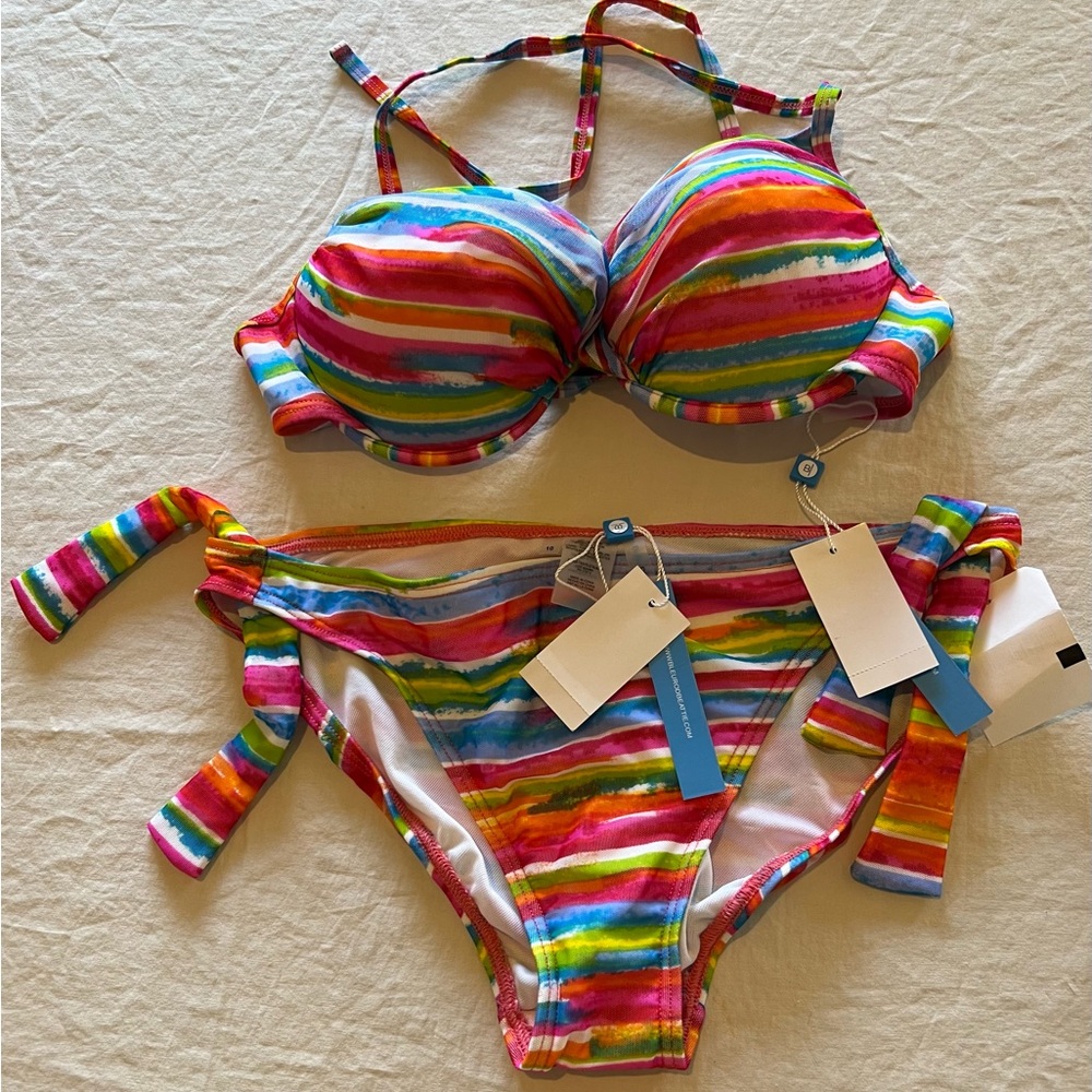 Rainbow Stripe Bikini Set Push Up Underwire Tie Side Bottoms Vacation Beach Swim
